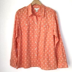 Orvis Button Up Floral Shirt Blouse Size L Long Sleeves Pockets 100% Cotton